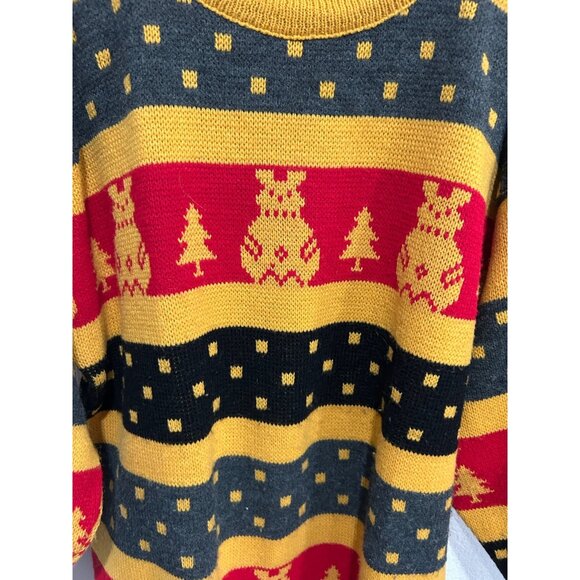 Vintage Holiday Sweater Yellow Red Crewneck Pullover Stripes Cozy Christmas - Picture 3 of 8
